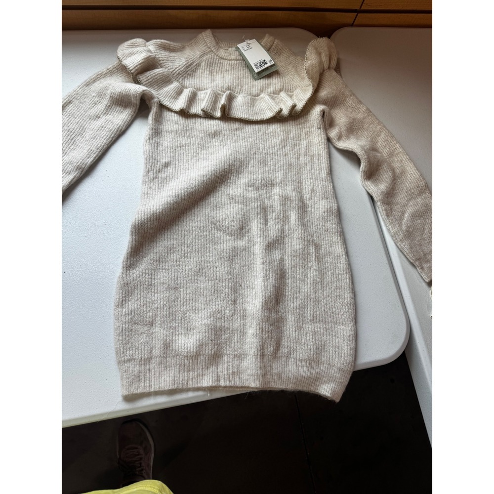 H&M Girls Beige Knit Ruffle Sweater Dress Long Sleeve Kids Size 8-10 1018031009